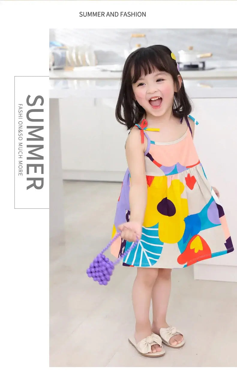 Cute girl wearing a colorful summer dress with floral patterns, smiling in a bright kitchen setting.
