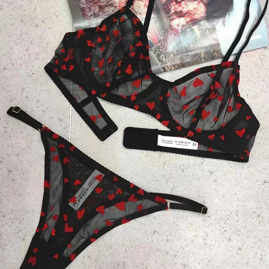 Women Mesh Heart Lingerie Set