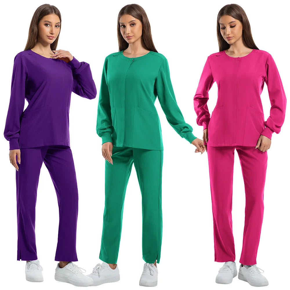 Dustproof nursing scrubs set for women, featuring purple, green, and pink colors, suitable for medical and beauty professionals.