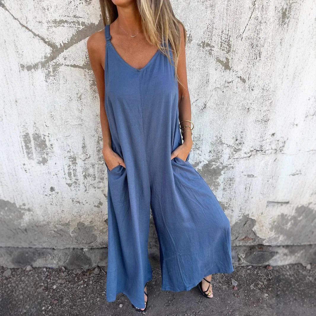 ZenFit™ – V-Neck Wide Leg Sleeveless Jumpsuit (Minimal, Cool & Flexible)