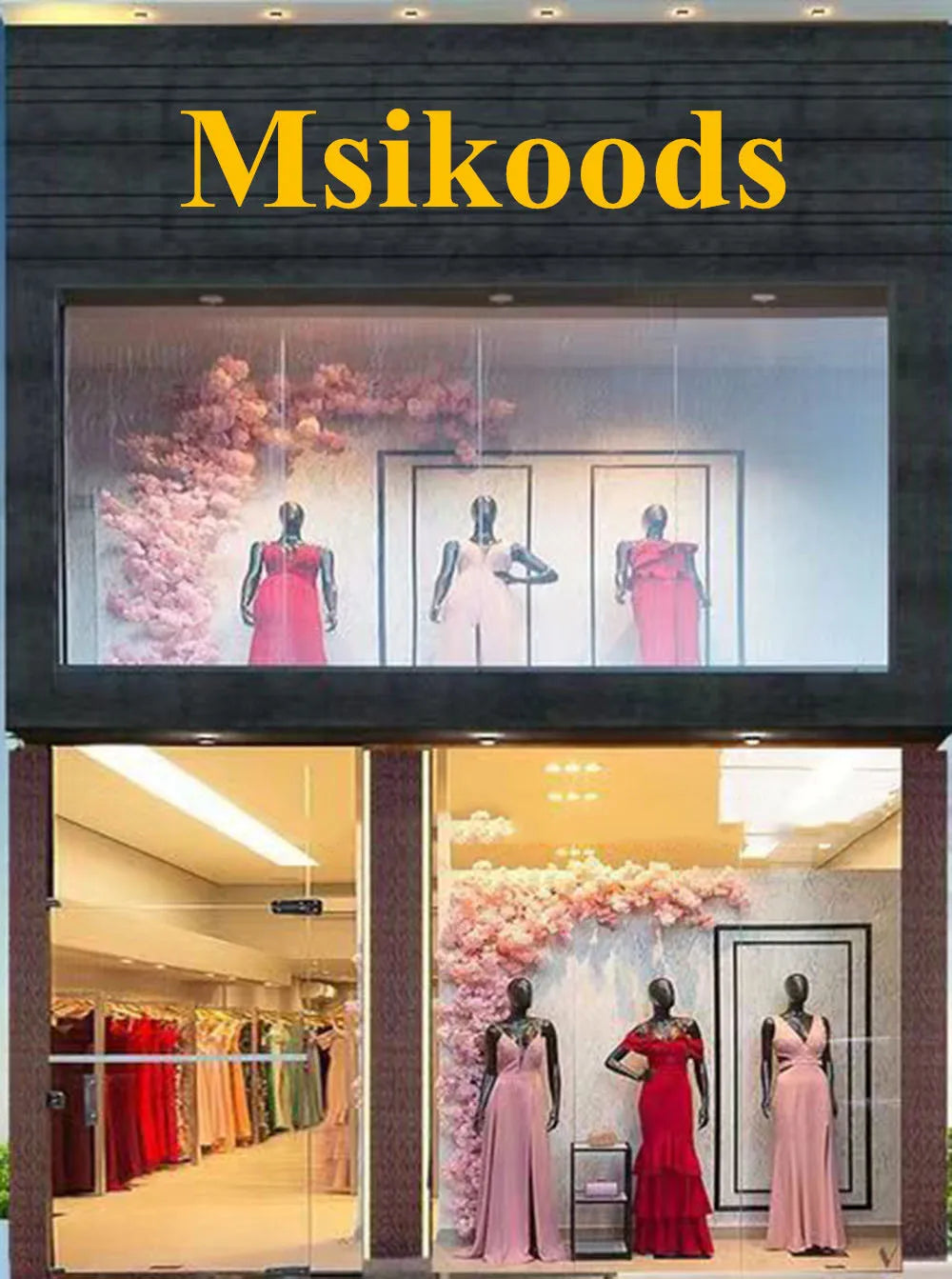 Exterior view of Msikoods boutique showcasing elegant wedding dresses on mannequins.
