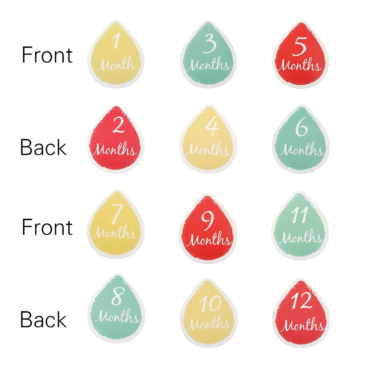 Newborn baby milestone cards featuring month indicators from 1 to 12 in colorful teardrop shapes.