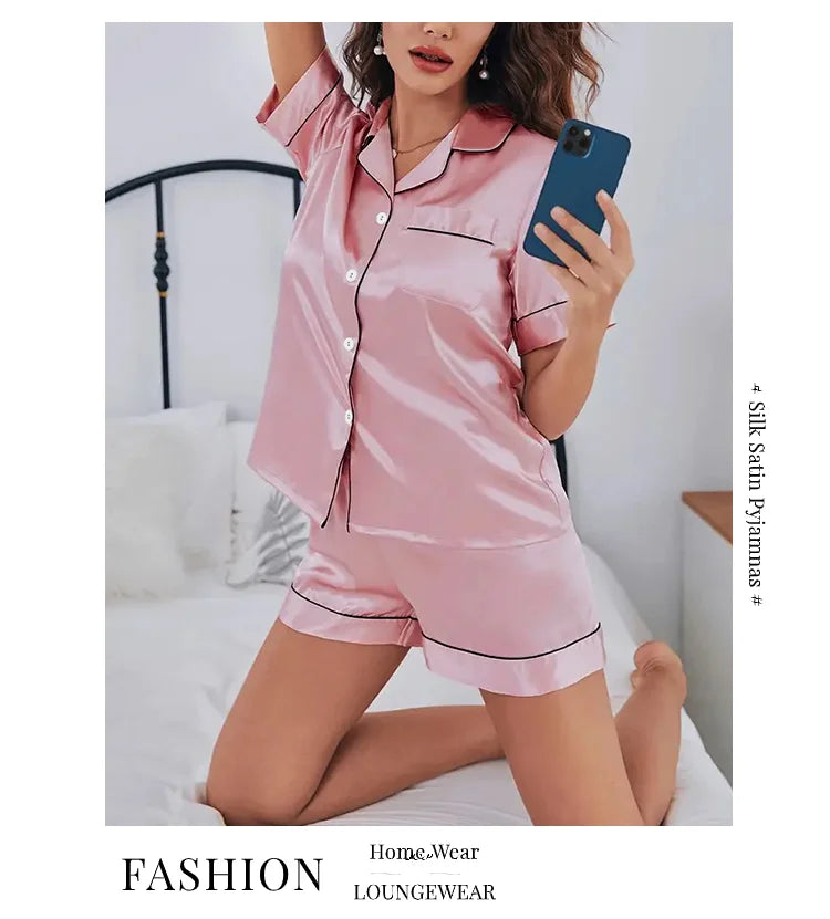 Women Satin Button Down Pajama Set