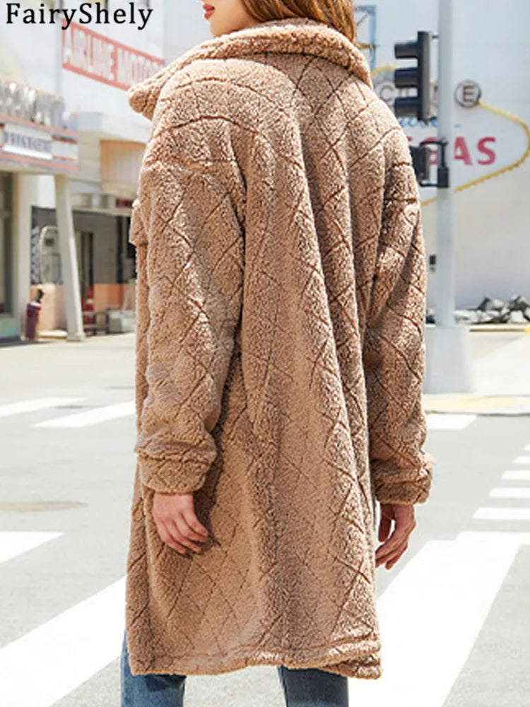 FairyShely Brown Puff Long Women's Winter Jacket – Plush Warm Coat