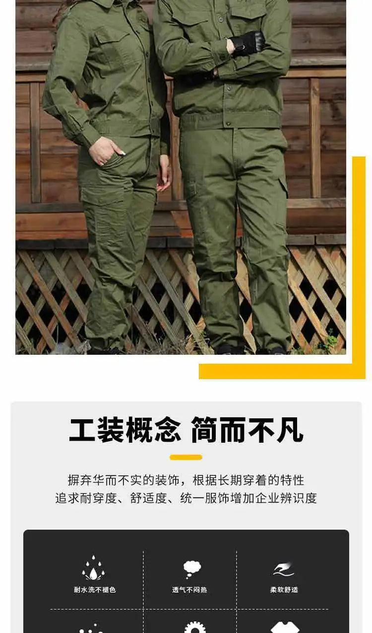 Two individuals wearing Summer Cotton Green Work Suits for welding protection, showcasing durable and functional design.