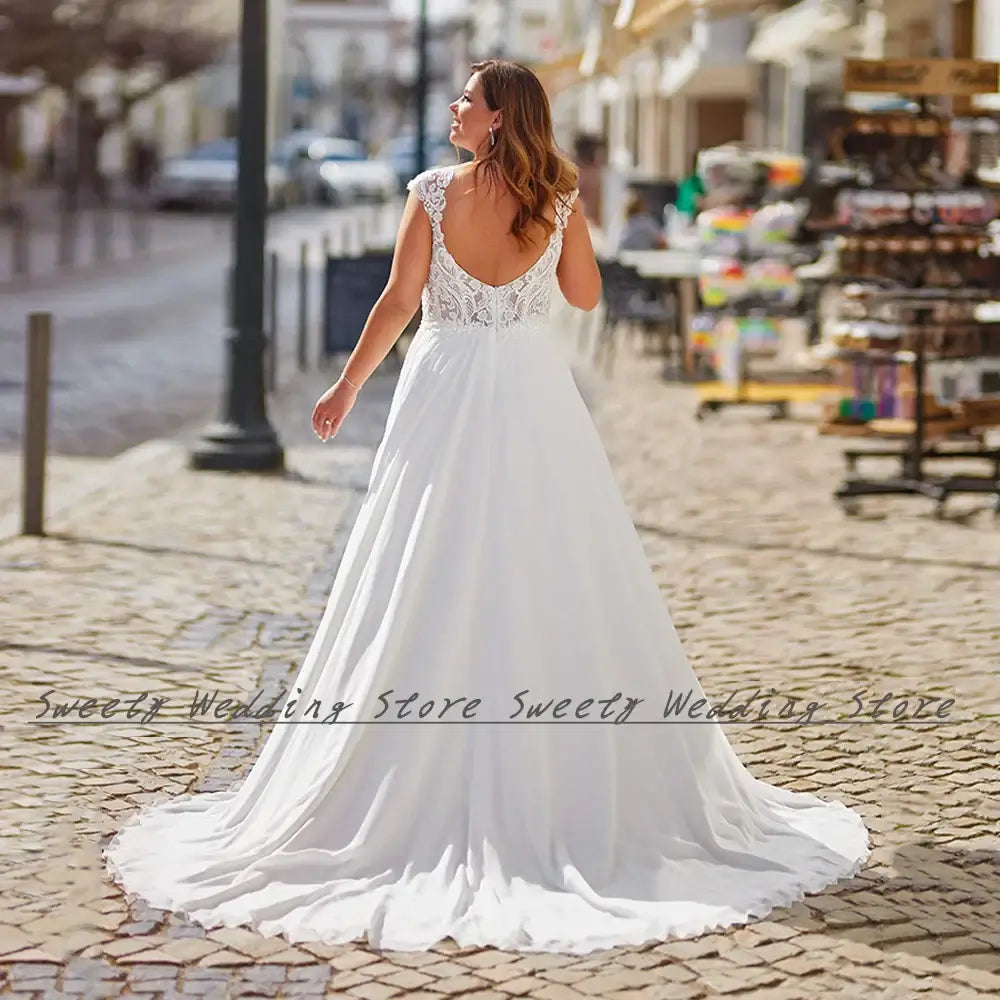 Women Plus Size Backless Chiffon V-Neck Wedding Dress
