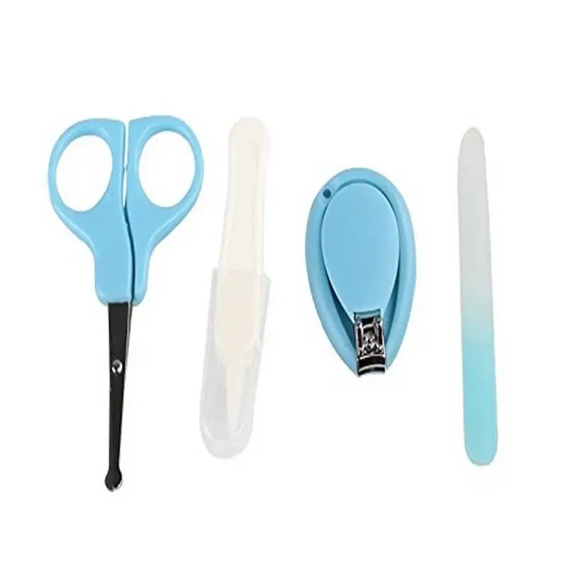 Newborn baby nail scissor set with blue scissors, nail clipper, and file, safe for infants and toddlers.