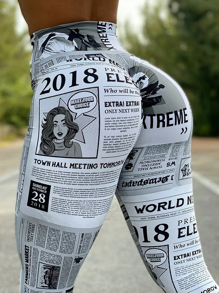 Women Newspaper Print Lifting Pants