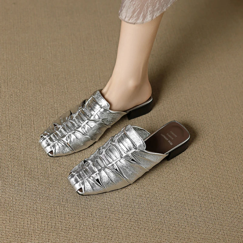 Women Mules Leather Block Heel Sandals