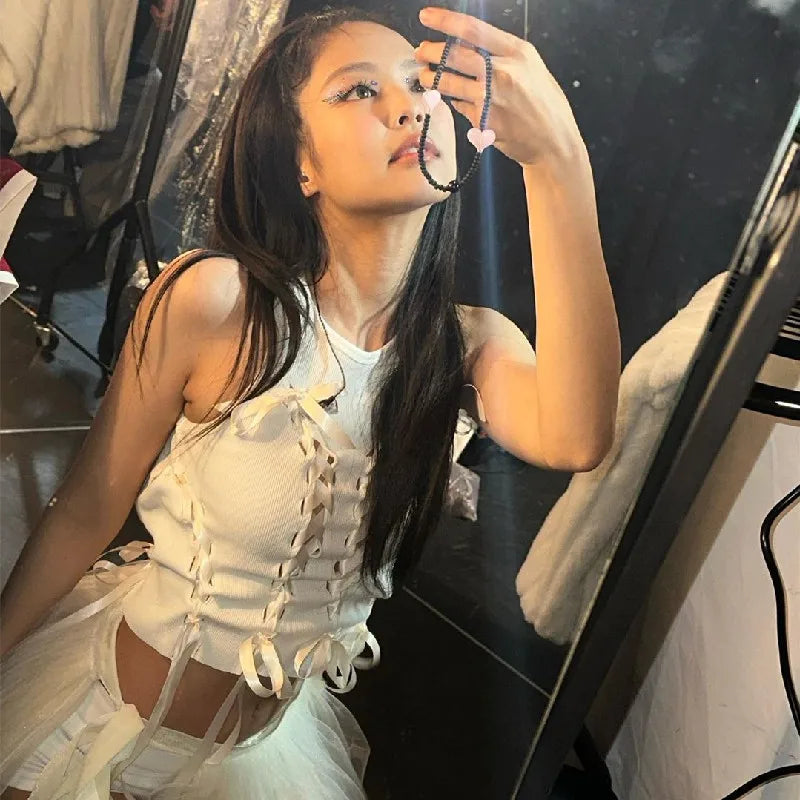 Aesthetic Bow Bandage Ribbed Crop Top