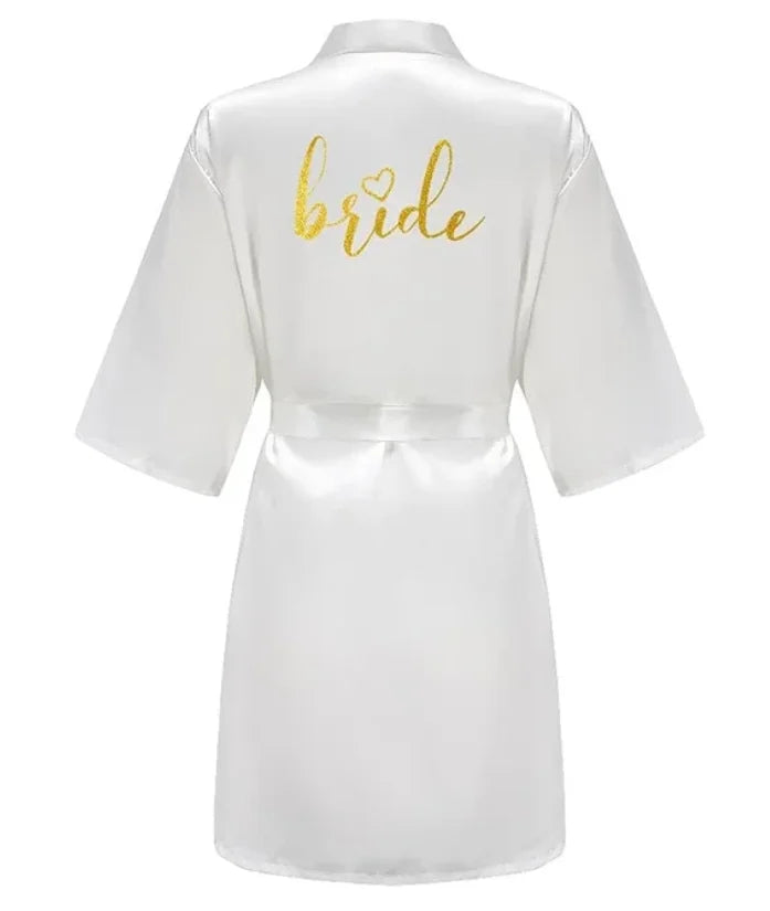 Team Bride gold letter satin robe for women, knee-length silk kimono pajamas, perfect for wedding celebrations.