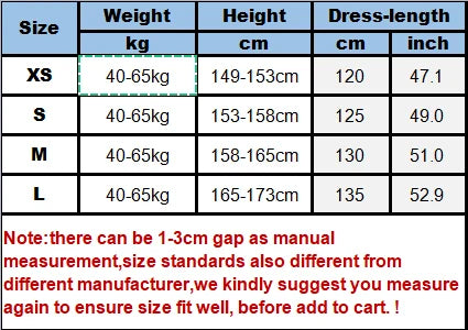 Size chart for Women’s Hanfu Red Dress showing weight, height, and dress length measurements for XS, S, M, and L.
