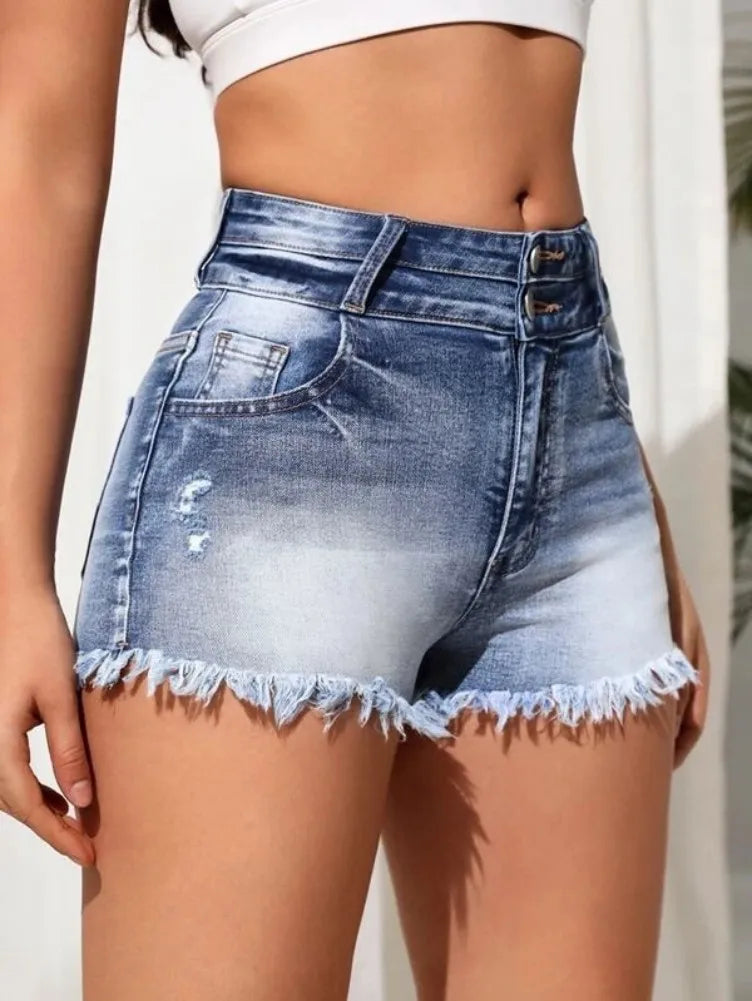Women Ripped Tassel Denim Shorts