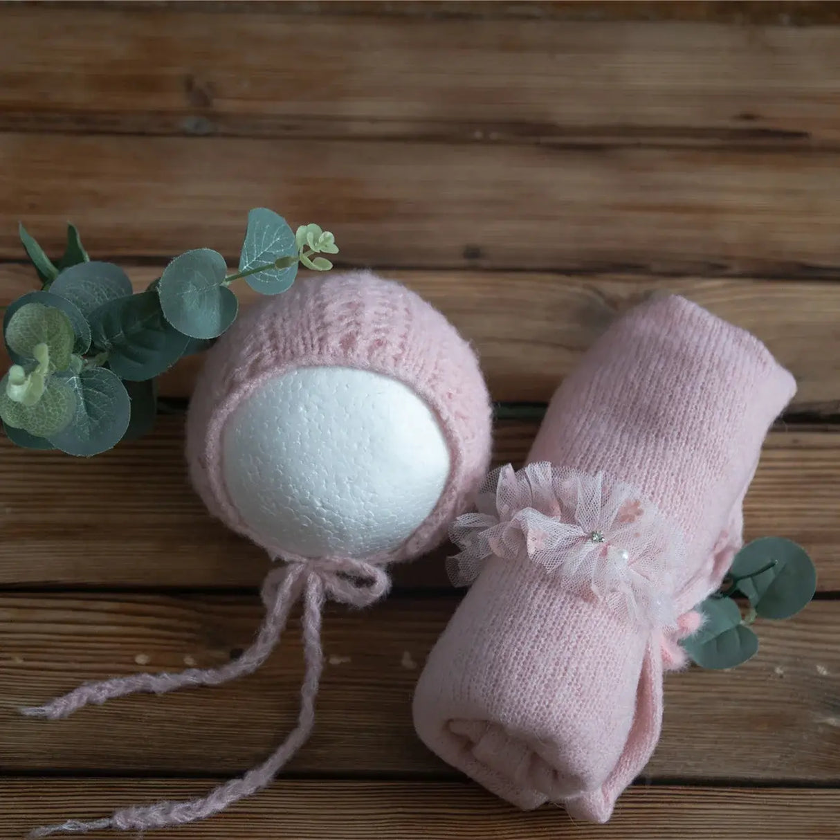 Newborn stretch knit mohair hat and wrap set in soft pink, perfect for unisex baby photography props.