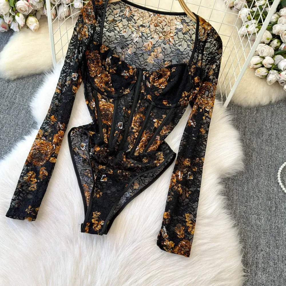 Women Square Neck Mesh Print Bodysuit