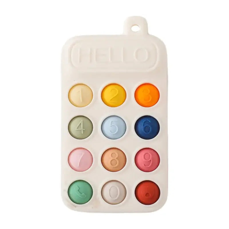 Baby teether phone toy in soft silicone with colorful buttons, designed for infants to relieve teething pain.