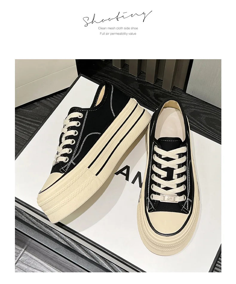 Women Canvas Shoes Black White Platform Sneakers