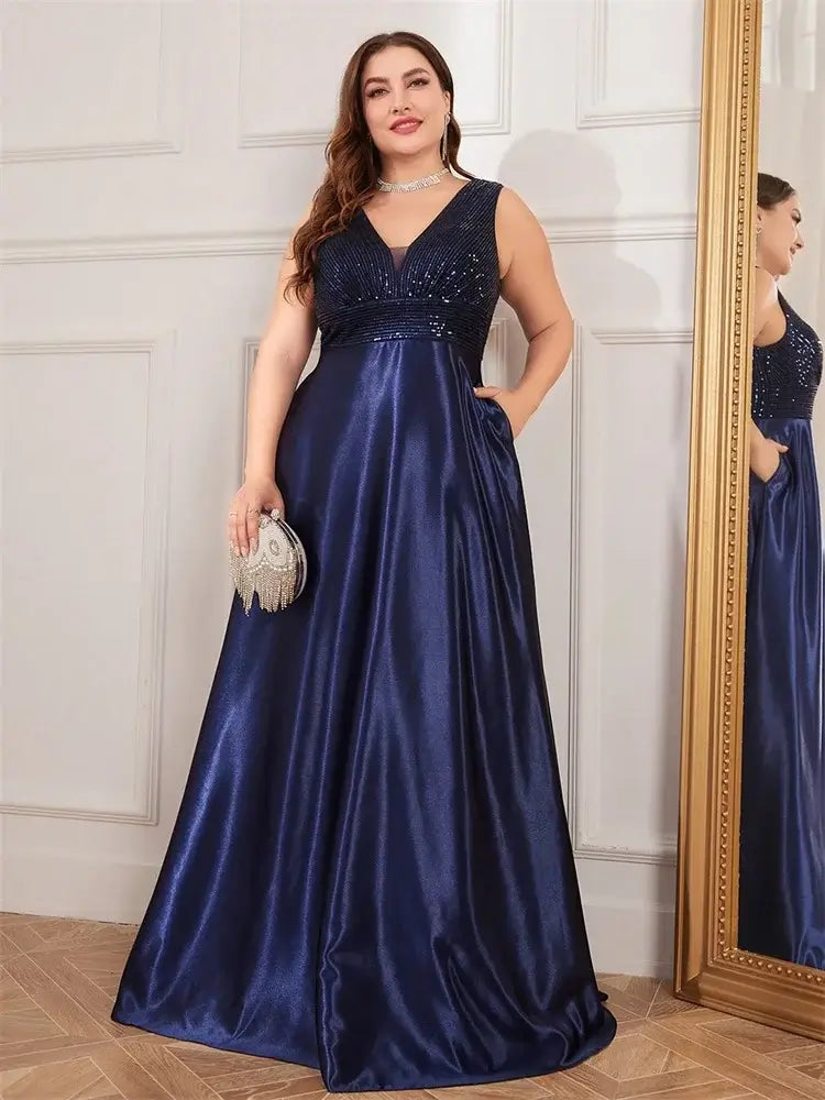 Women Plus Size Satin Sequin Evening Dress Long Prom Gown