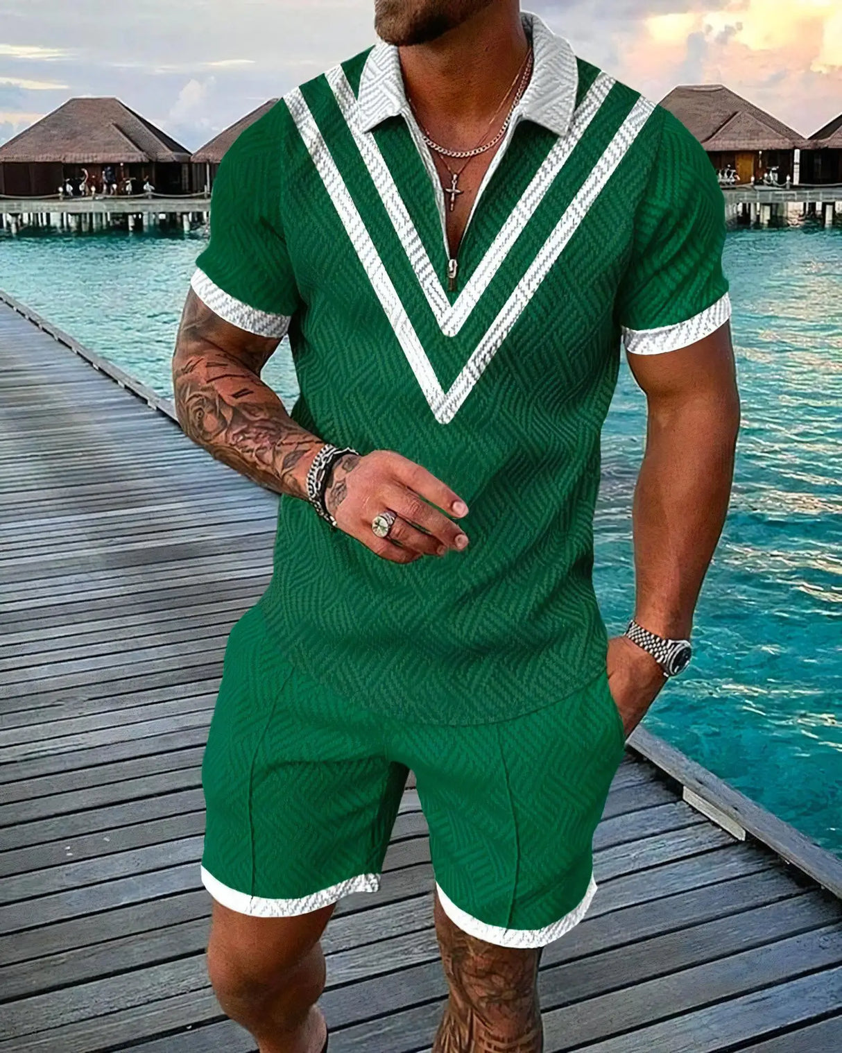 Men 3D Print Polo Shorts Set
