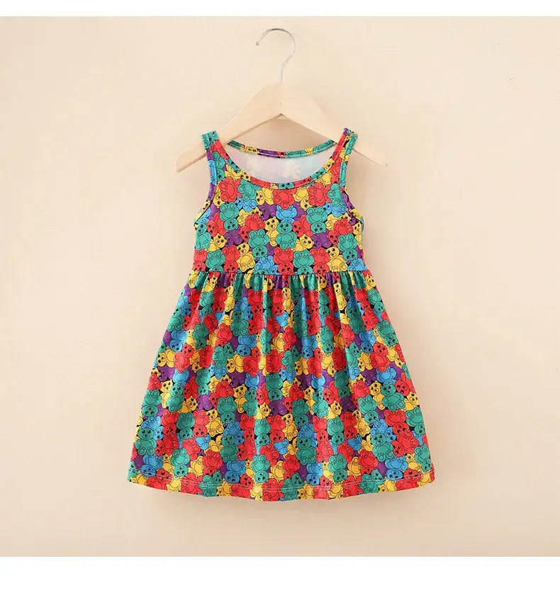 Colorful sleeveless summer dress for girls with floral print, knee-length, suitable for ages 4-6 years.