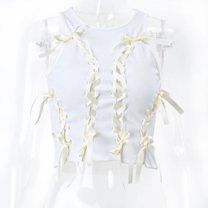 Aesthetic Bow Bandage Ribbed Crop Top