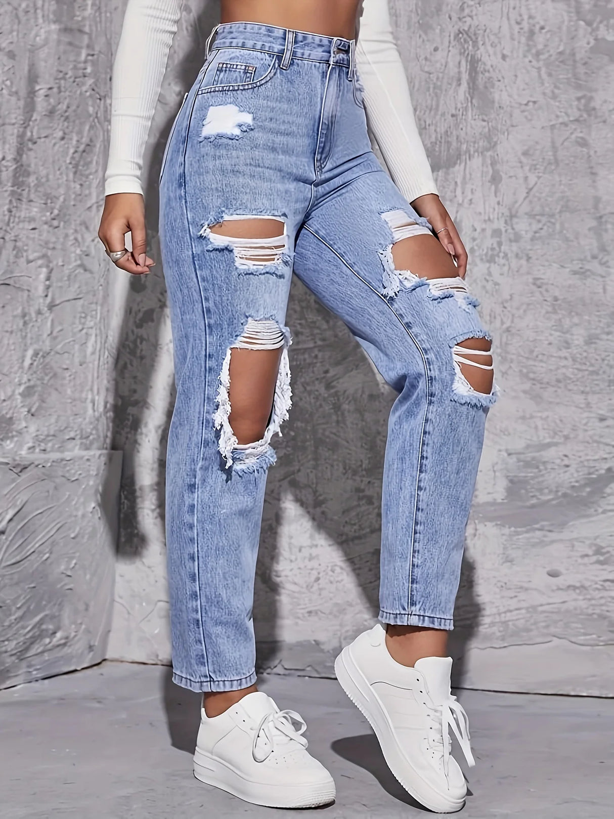 Women Retro Hole Wide-Leg Jeans