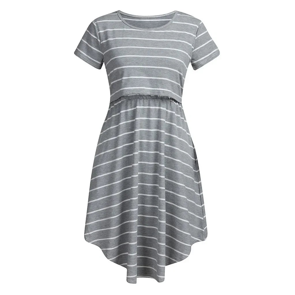 Striped multifunctional nursing dress in gray, featuring a relaxed silhouette and knee-length design for maternity wear.