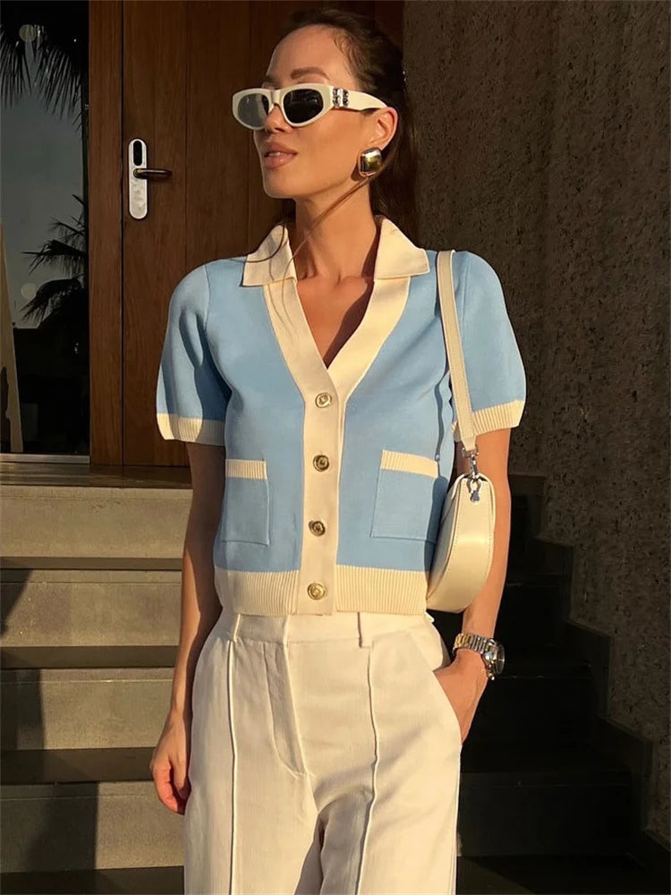 Tossy V-Neck Patchwork Knit Cardigan