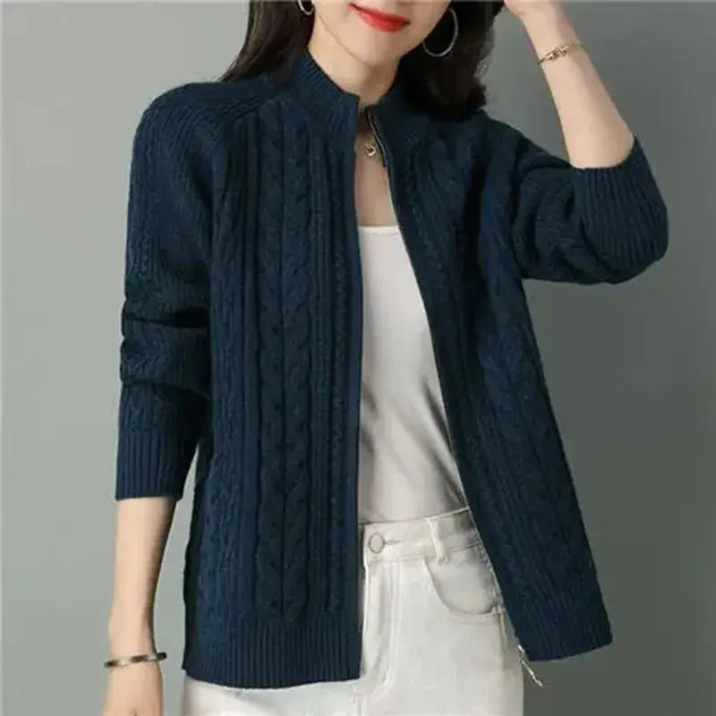Women Zipper High Collar Knit Cardigan