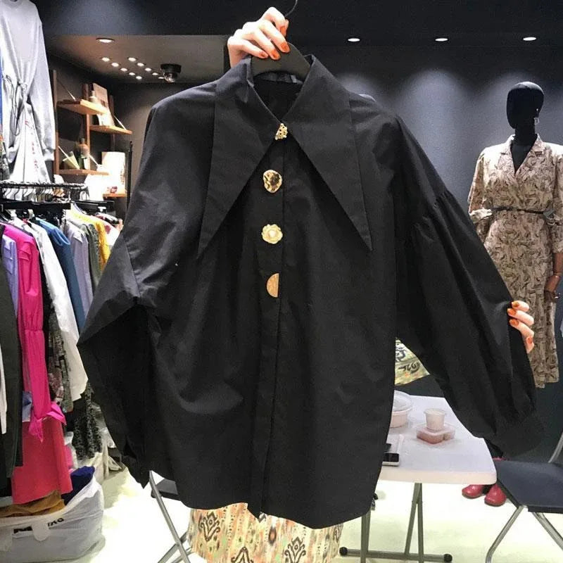 PearlEdge™ Pearl-Button Chic Shirt with oversized collar and buttons, showcasing Y2K fashion style, perfect for autumn.