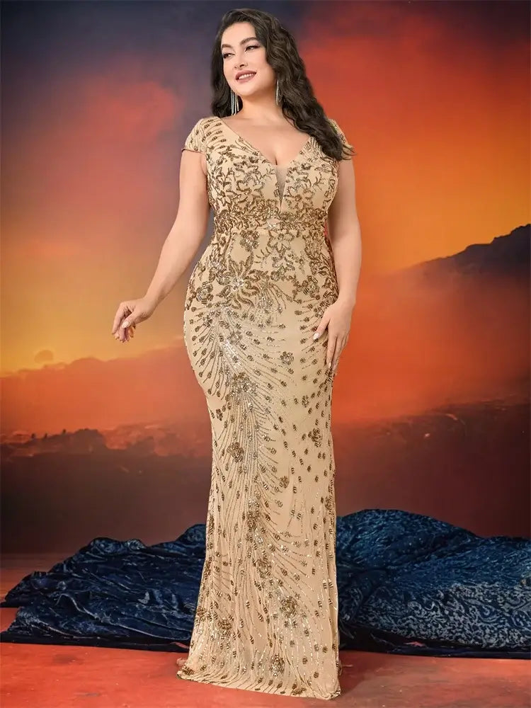 Women Plus Size Mermaid Sequin Formal Prom Dress