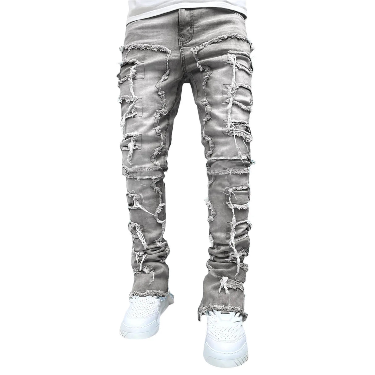 Men Patchwork Stacked Jeans