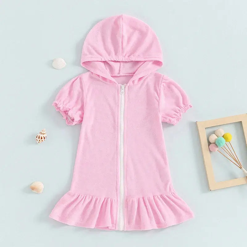 Toddler girls short sleeve zip-up hooded dress in pink, with ruffled hem, perfect for ages 1-3.
