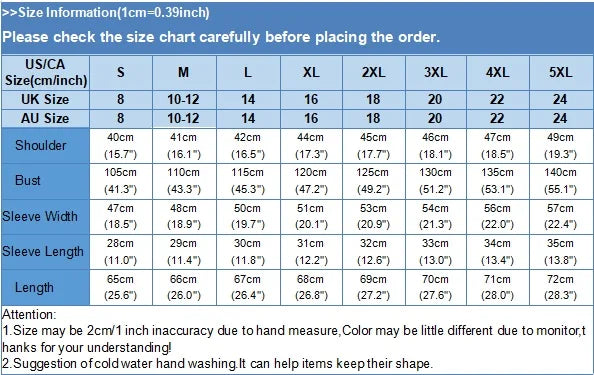 Size chart for ZanzeaEase™ oversized summer blouse, detailing US, UK, and AU sizes and measurements for women's fits.