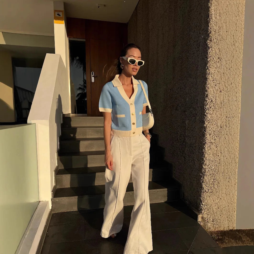 Tossy V-Neck Patchwork Knit Cardigan