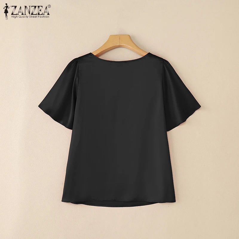 Women Satin Office Short Sleeve Blouse