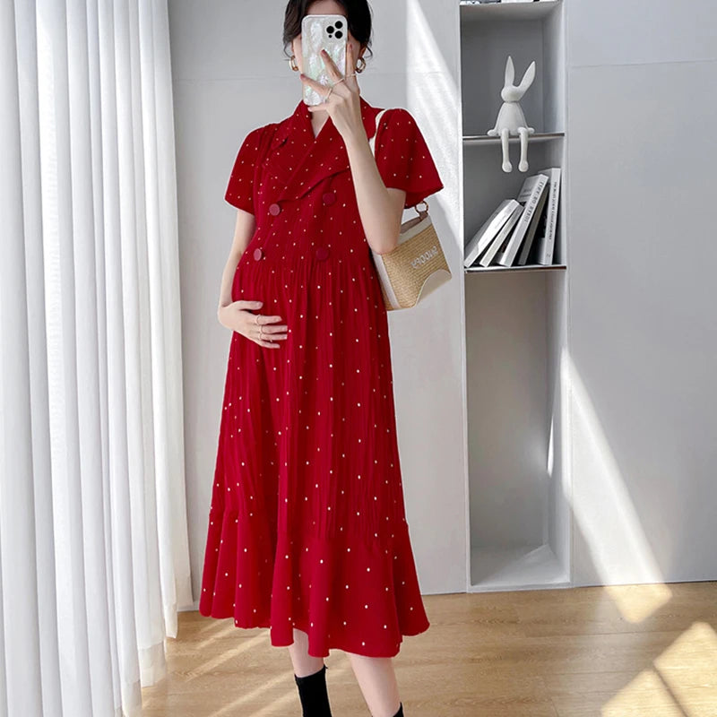 Polka dot Korean maternity dress in red, high waist, V-neck, short sleeves, mid-calf length, perfect for summer.