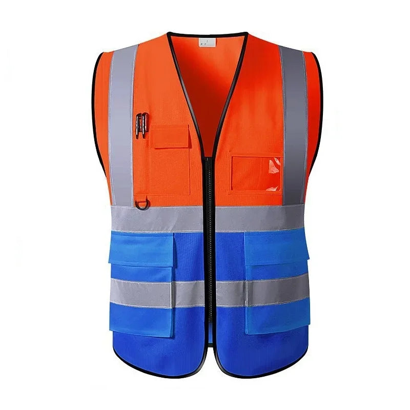 Unisex multi-pocket safety vest in orange and blue, featuring reflective stripes and breathable fabric for utility workwear.