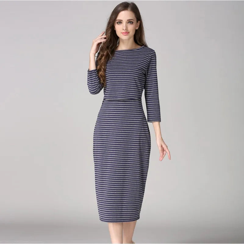 Postpartum nursing maternity dress with 3/4 sleeves and striped pattern, ideal for breastfeeding.
