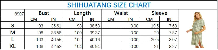Size chart for Striped Nursing Maternity Dress, showing bust, length, waist, and sleeve measurements.