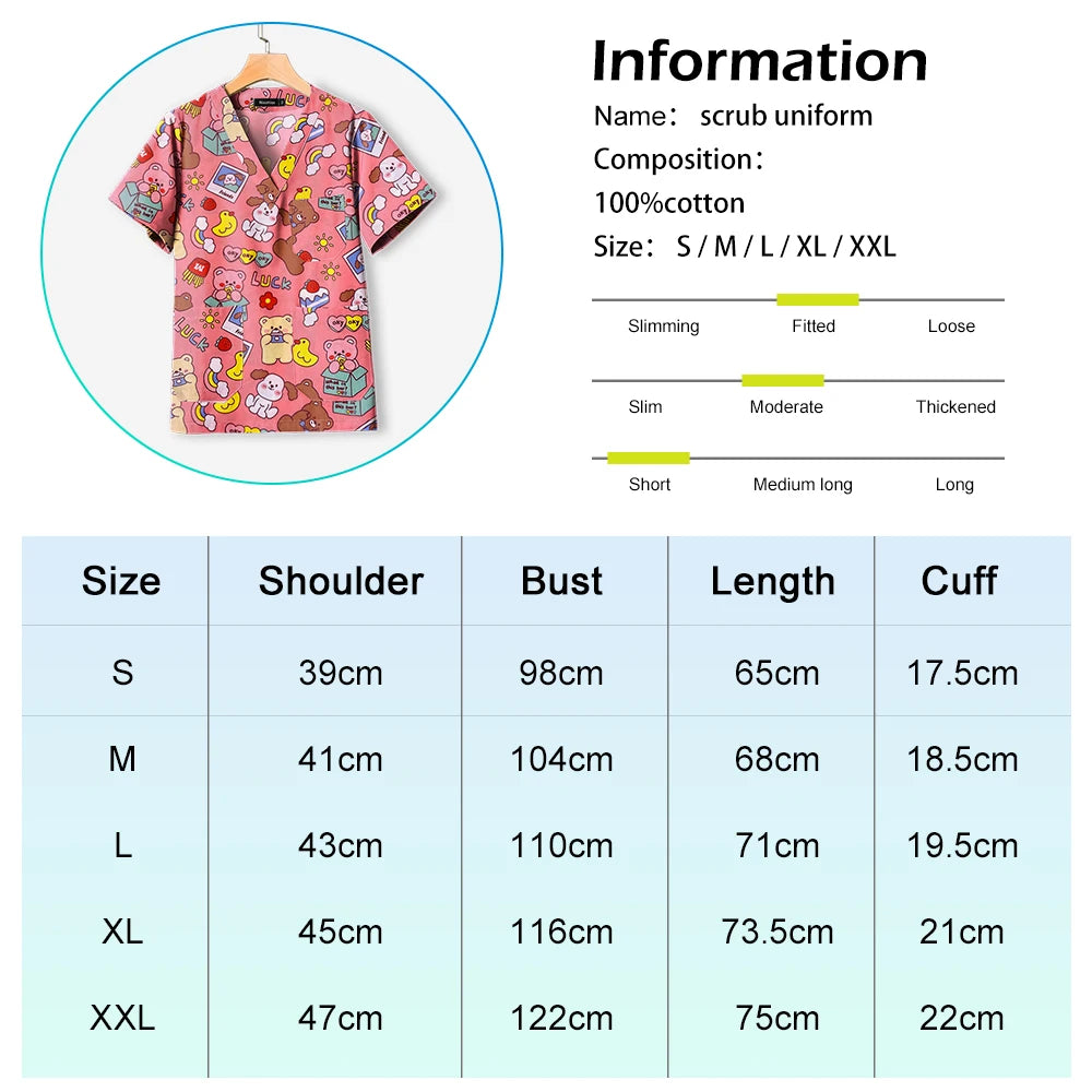 Colorful printed nursing scrub top for women, short sleeve, made of 100% cotton, available in various sizes S-XXL.