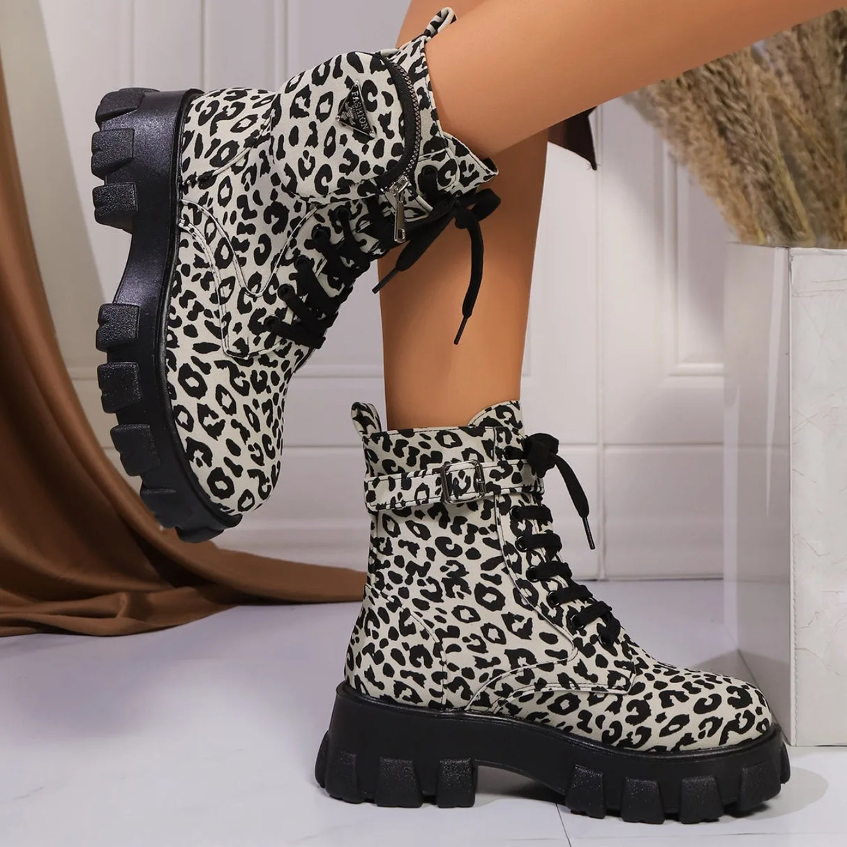 Women Leopard Print Ankle Boots – Winter High Heel Platform Shoes