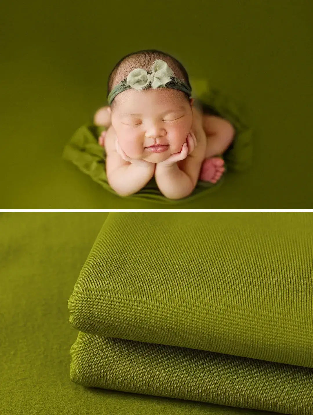 Newborn soft wrap blanket in green used for baby photography; features a peaceful baby in a headband on soft fabric.
