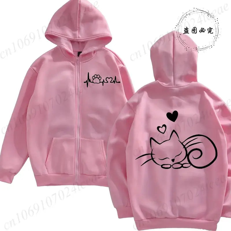 Women Cat Print Zip Hoodie Jacket Streetwear Coat