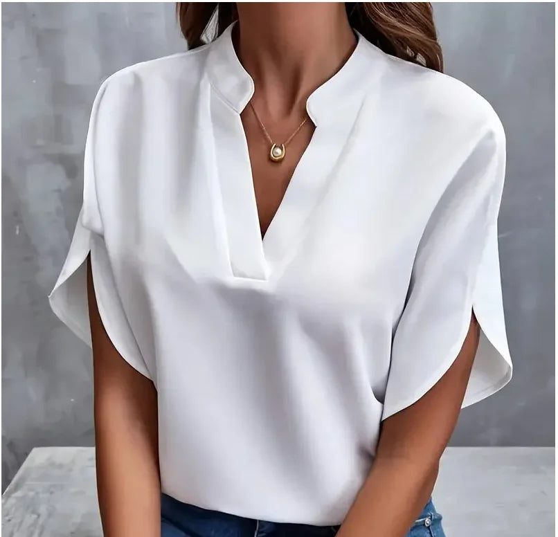 Women Solid V-Neck Short Sleeve Blouse