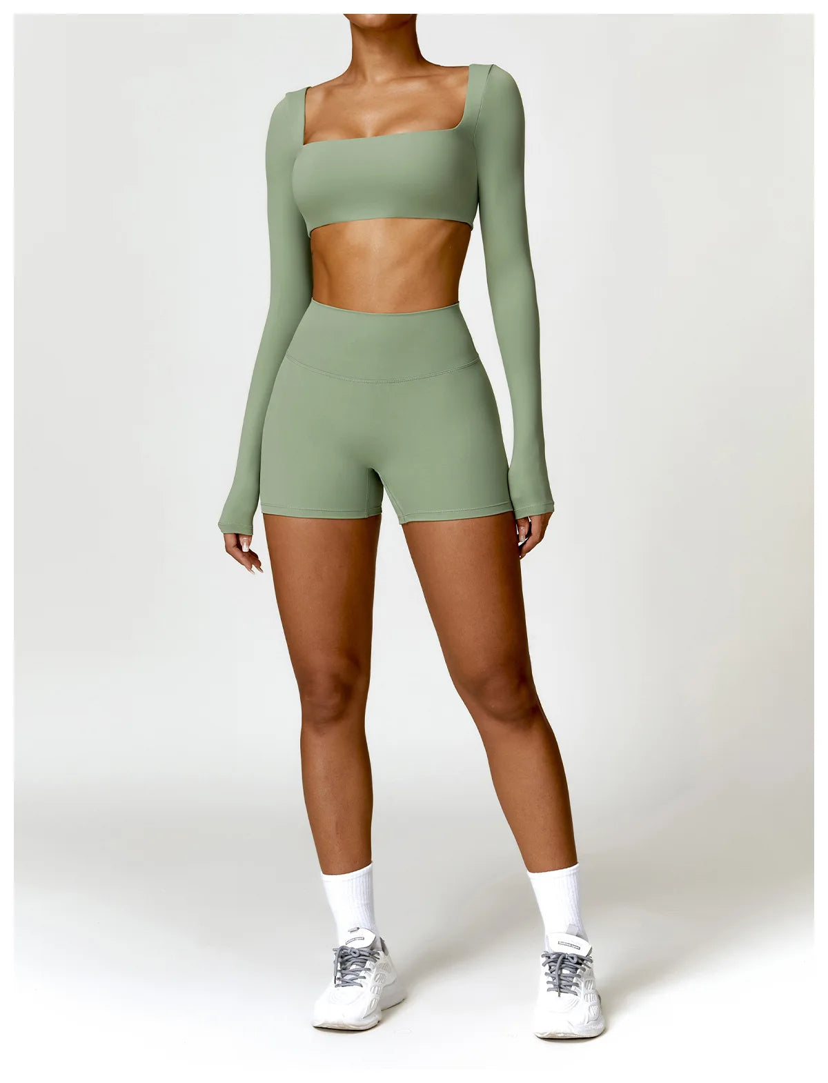 Women's Seamless Long Sleeve Yoga Crop Top – Quick-Dry Square Neck Gym Shirt