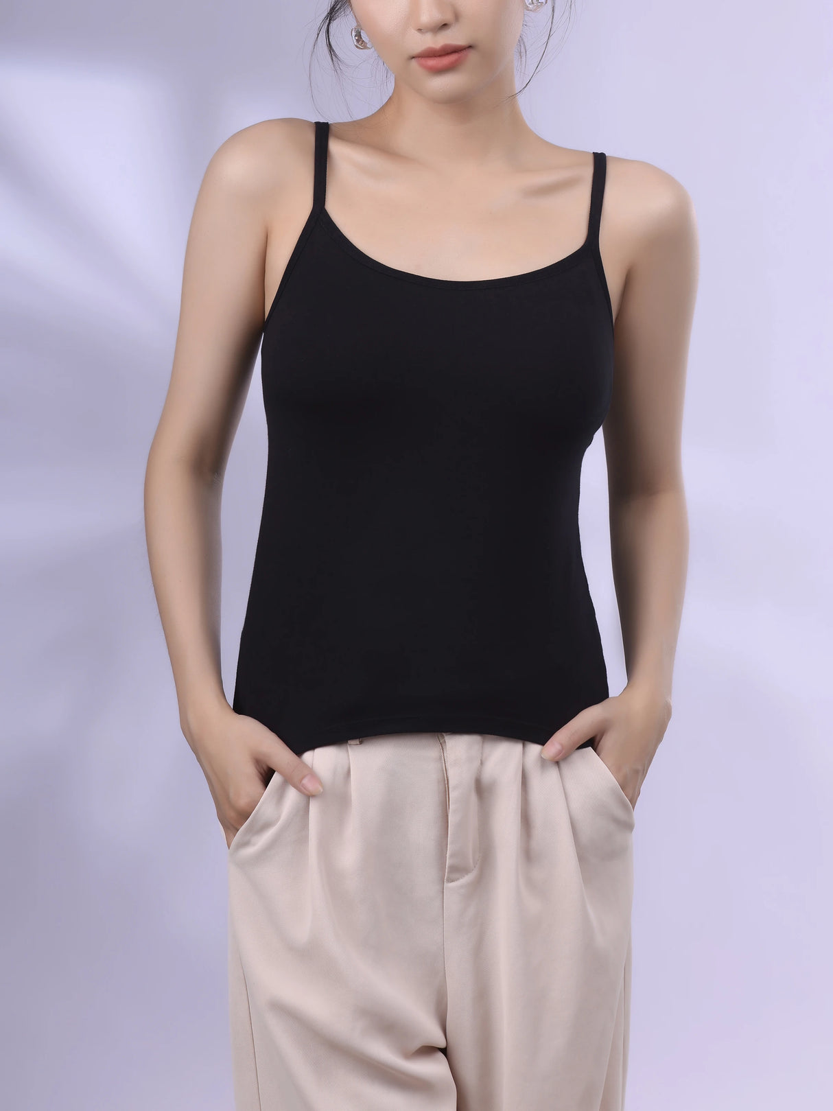 Bralux™ built-in bra camisole in black with adjustable straps and soft inner layer, perfect for casual wear.