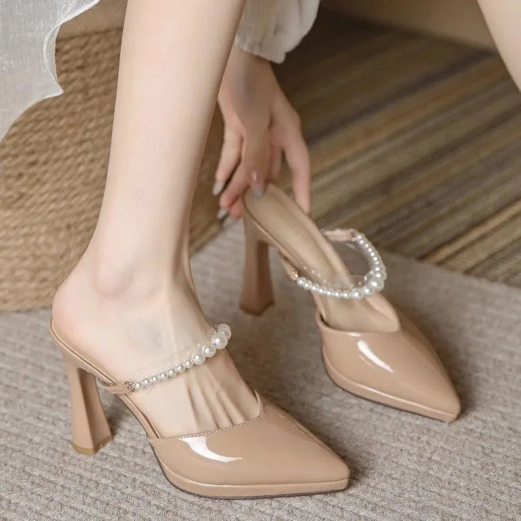 Women’s Slippers Beige Pointed Toe Heeled Slides