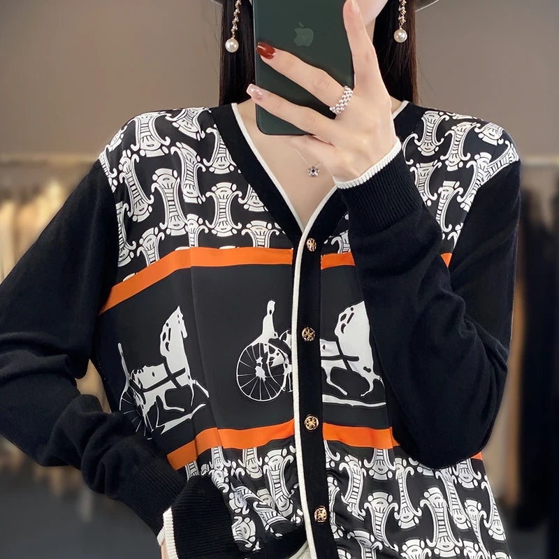 Women's Printed Stitching Wool Cardigan