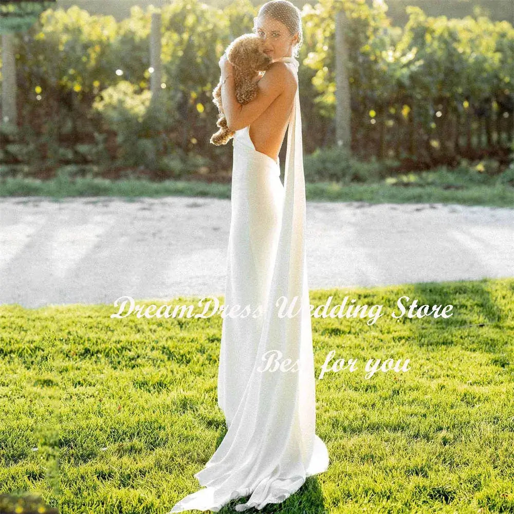 Women Mermaid Crepe Halter Wedding Dress Backless